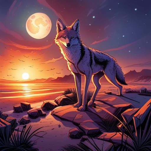 Coyote Beach Scene in Vintage Comic Art Style