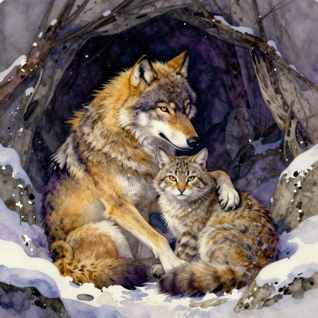 Wolf and Bobcat Cuddle in Snowy Cave Watercolor Masterpiece
