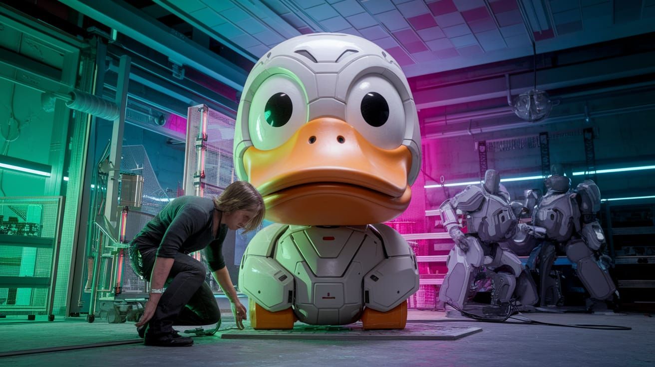 Inventor and Quackal 4000 in Neon-Lit Hyperrealism