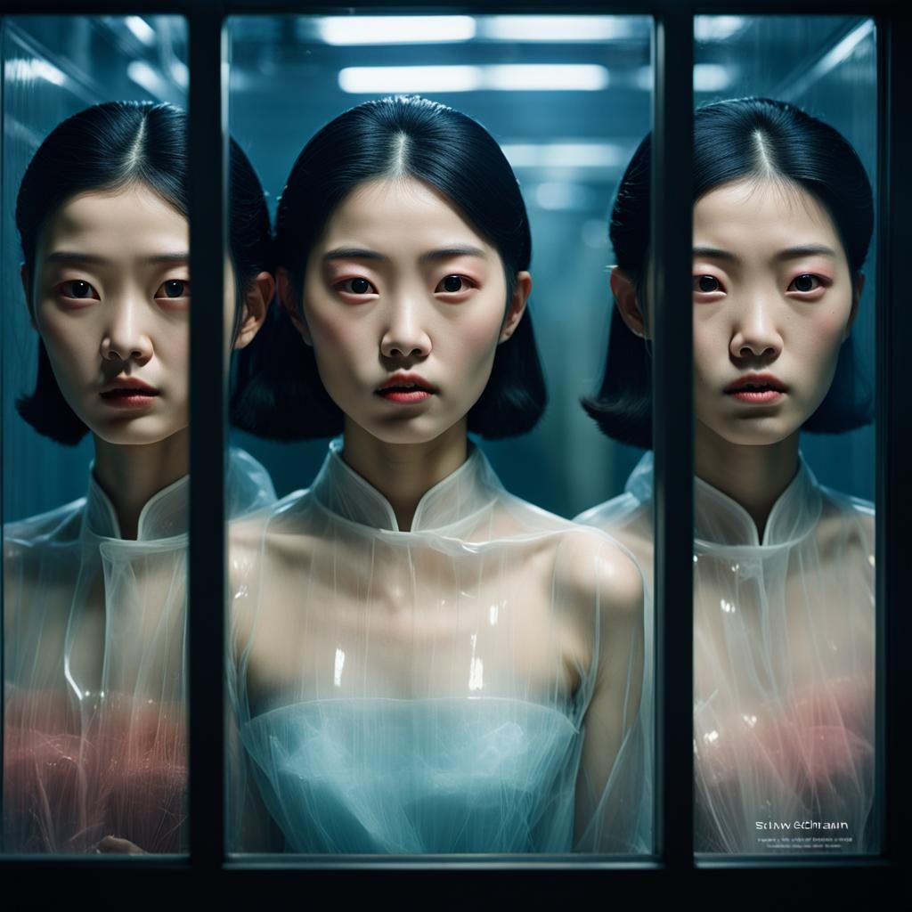 Sci Fi pulp magazine south korean sisters are held in transparent chambers. 50's illustration