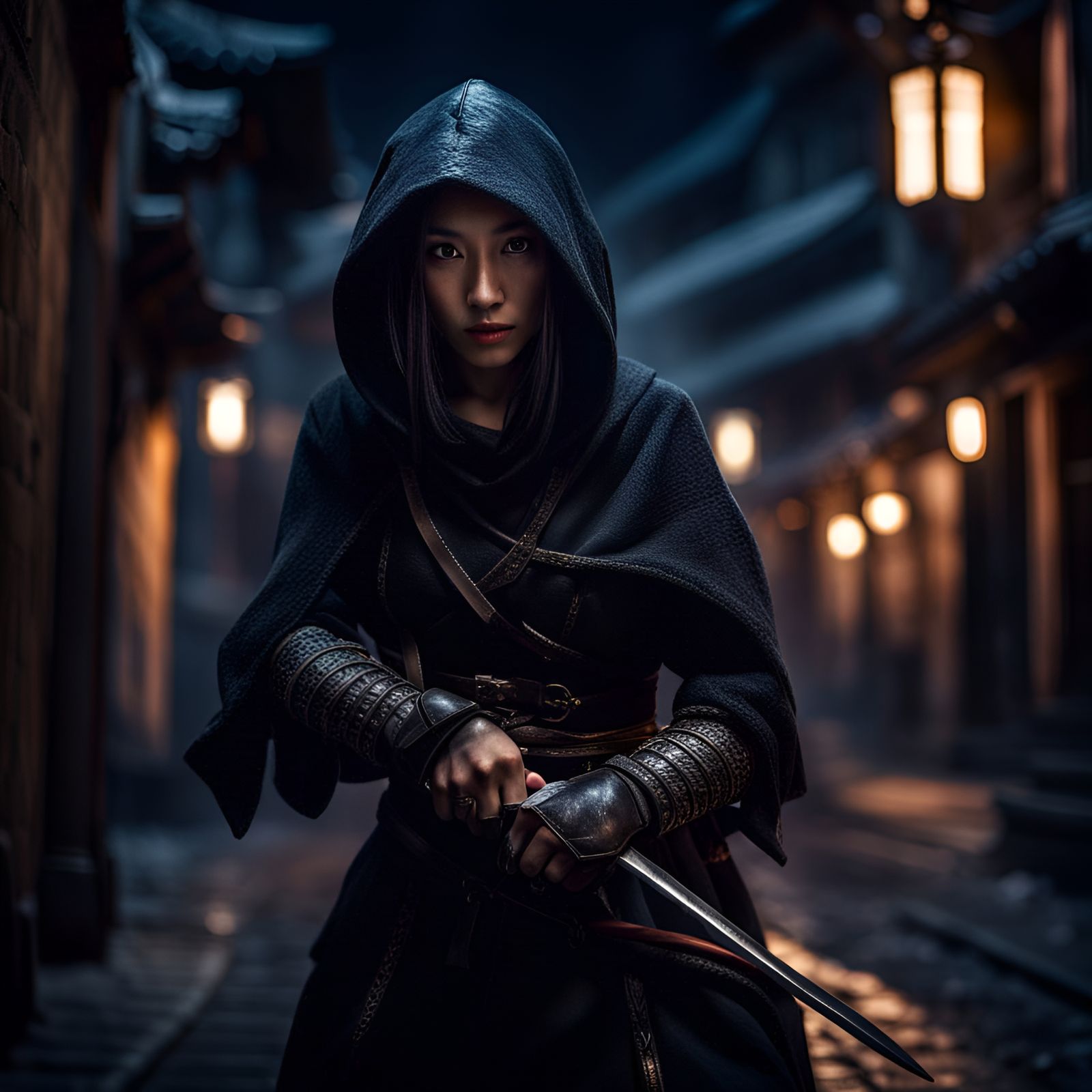 Asian Female Assassin in Medieval Town at Night