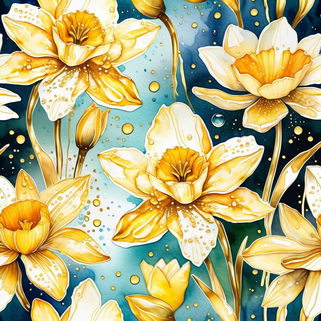 Watercolor Narcissus with Gold Accents and Bokeh