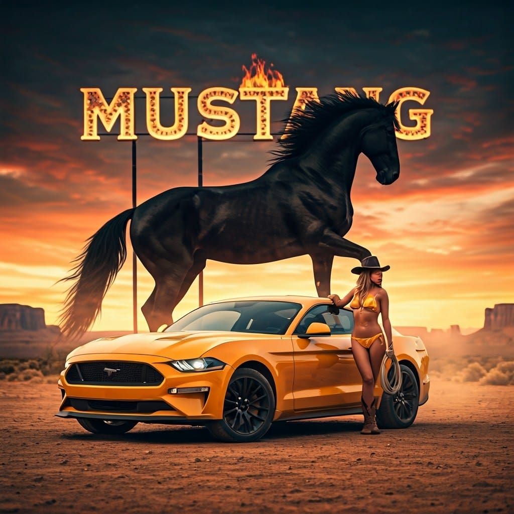 Mustang Fastback with Cowgirl and Rearing Mustang Horse