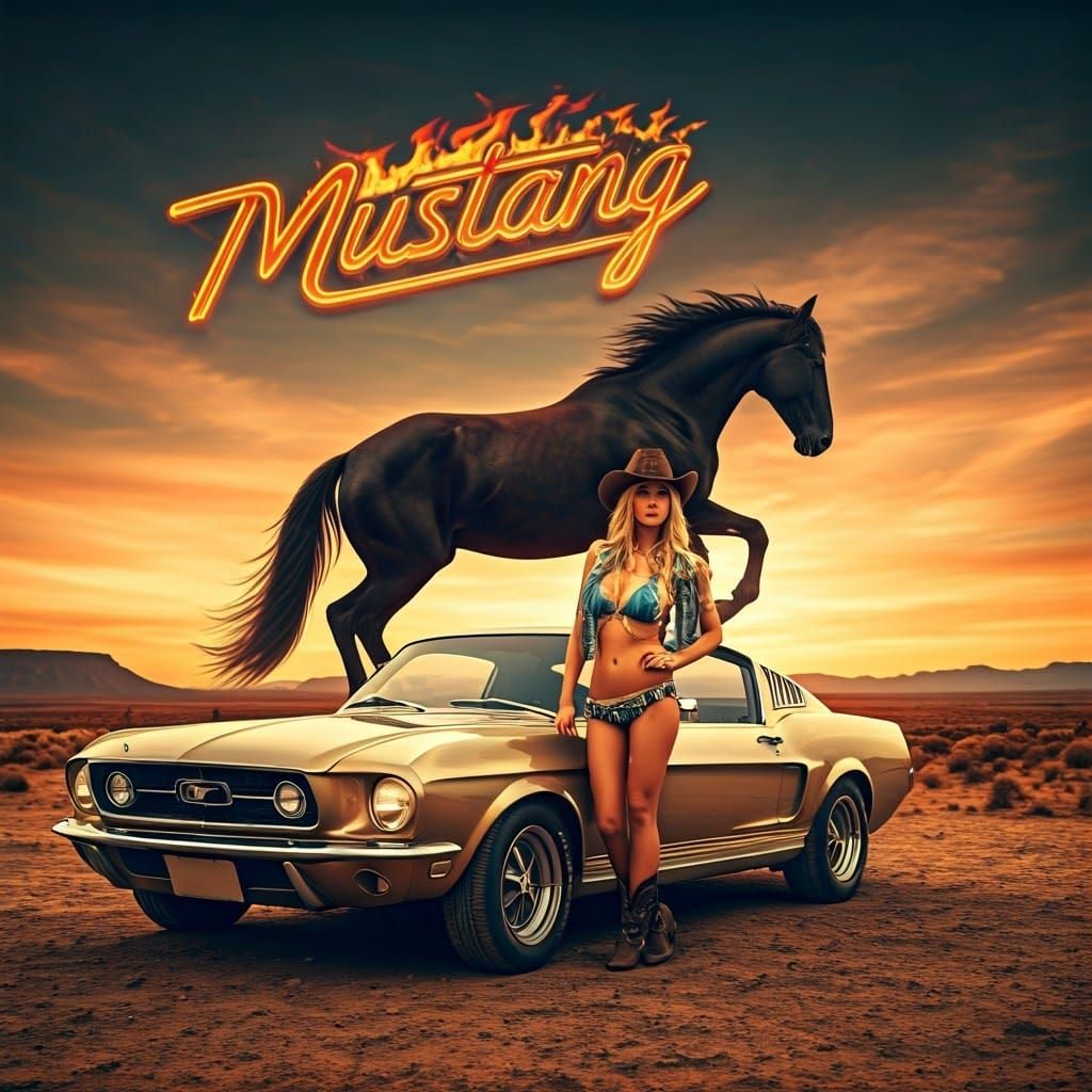 Cowgirl and Mustang Against Fiery Western Backdrop