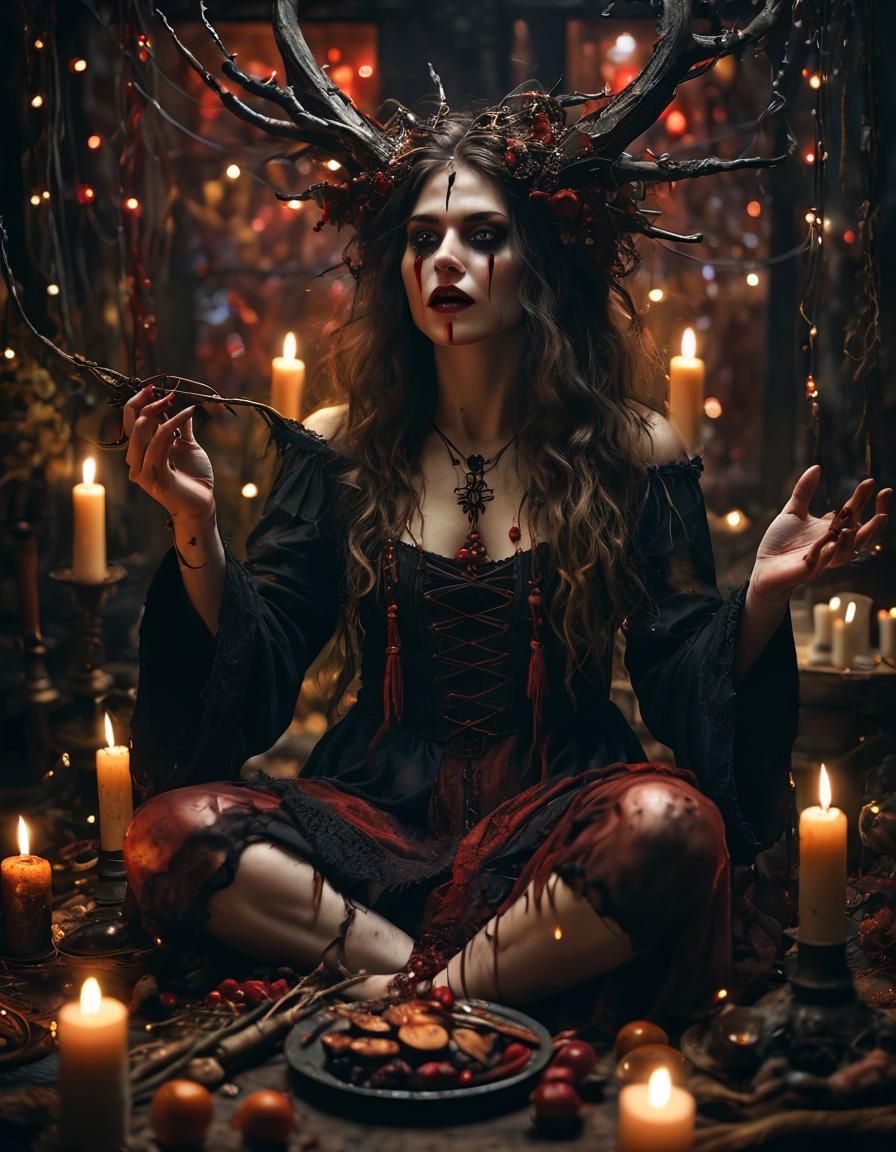Macabre Pagan Witch Ritual in Ethereal Horror Scene