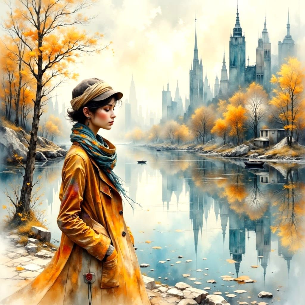 Winter Cityscape Reflection in Abstract Surreal Style