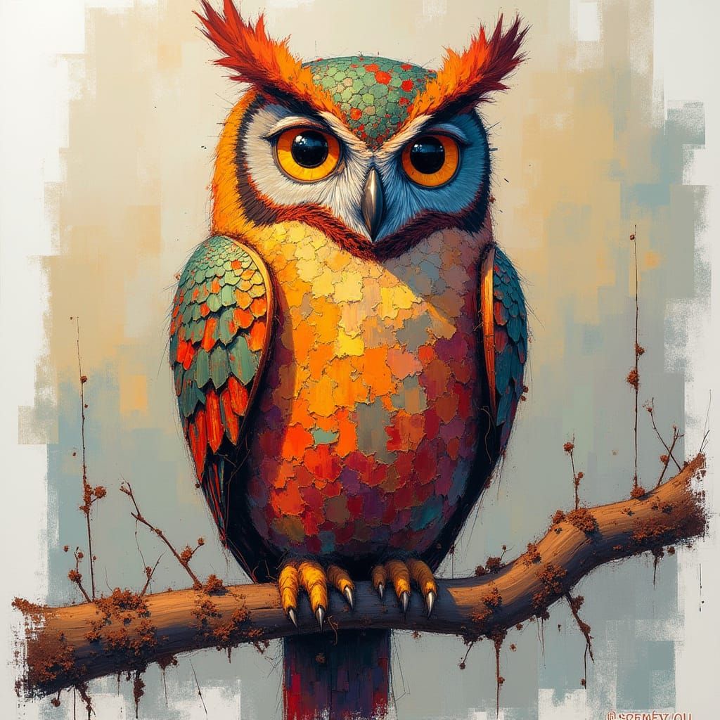 Steampunk Owl on Branch in Pastel Style