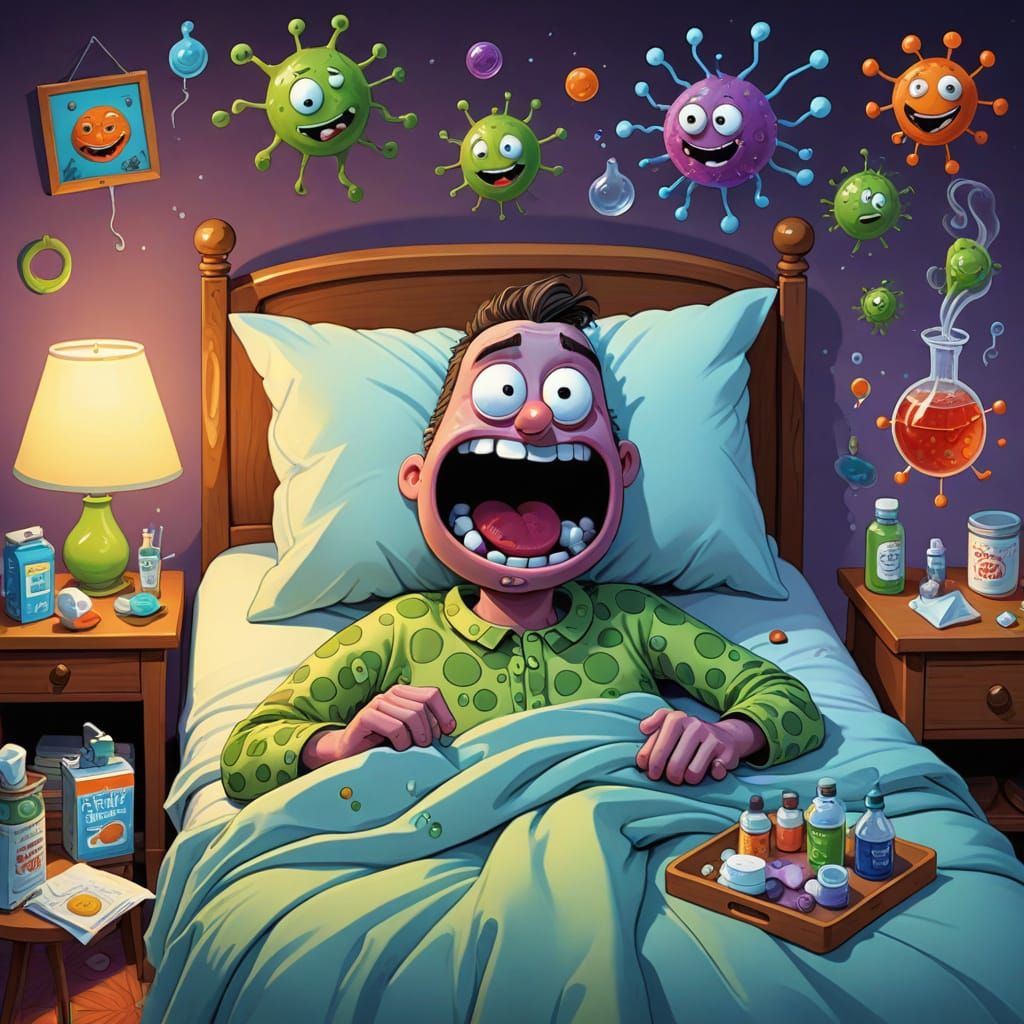 Funny Cartoon Germs Invade Sick Man's Bed