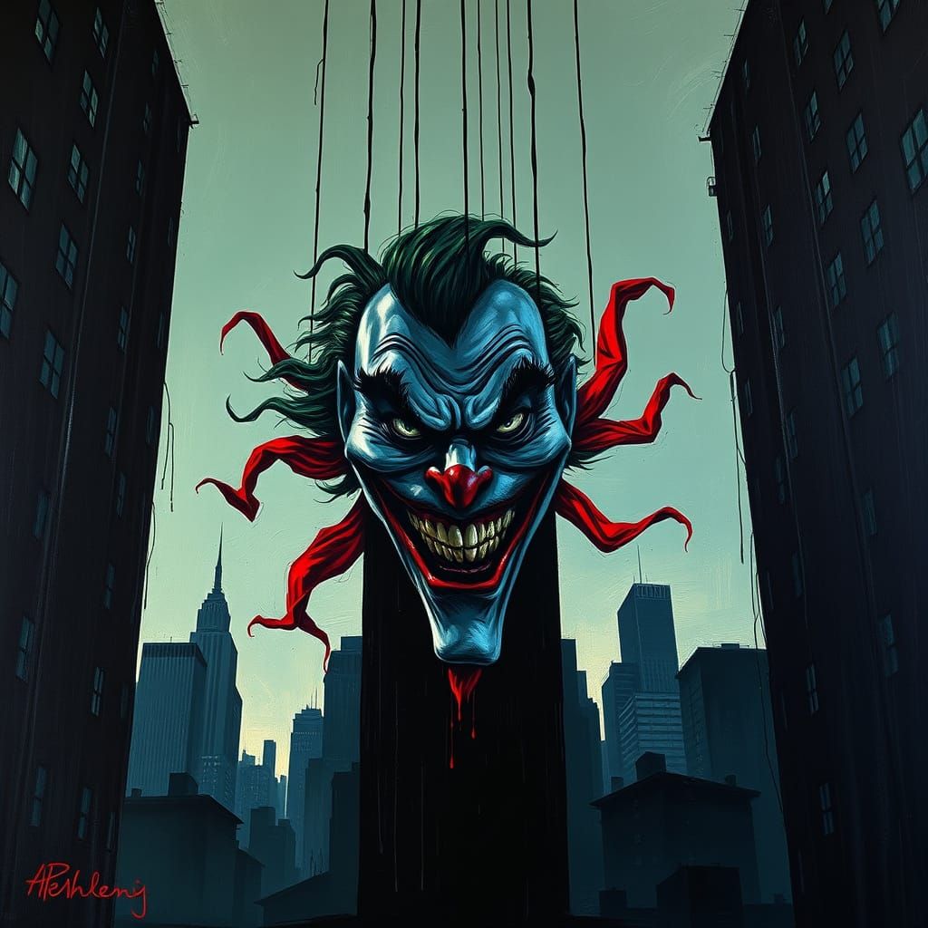 Surreal Cityscape with Fabric Joker Face in Neo-Expressionis...