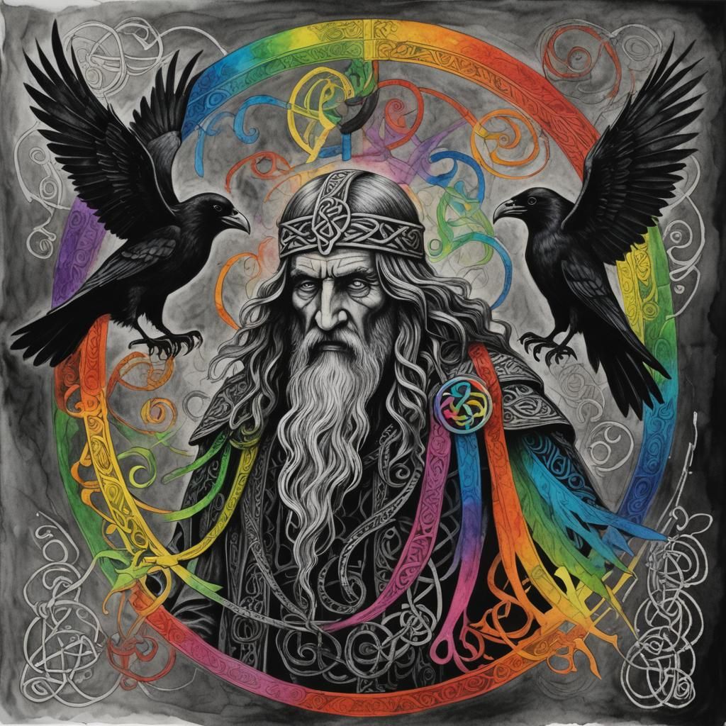 Surreal Crayon Drawing of Odin with Ravens