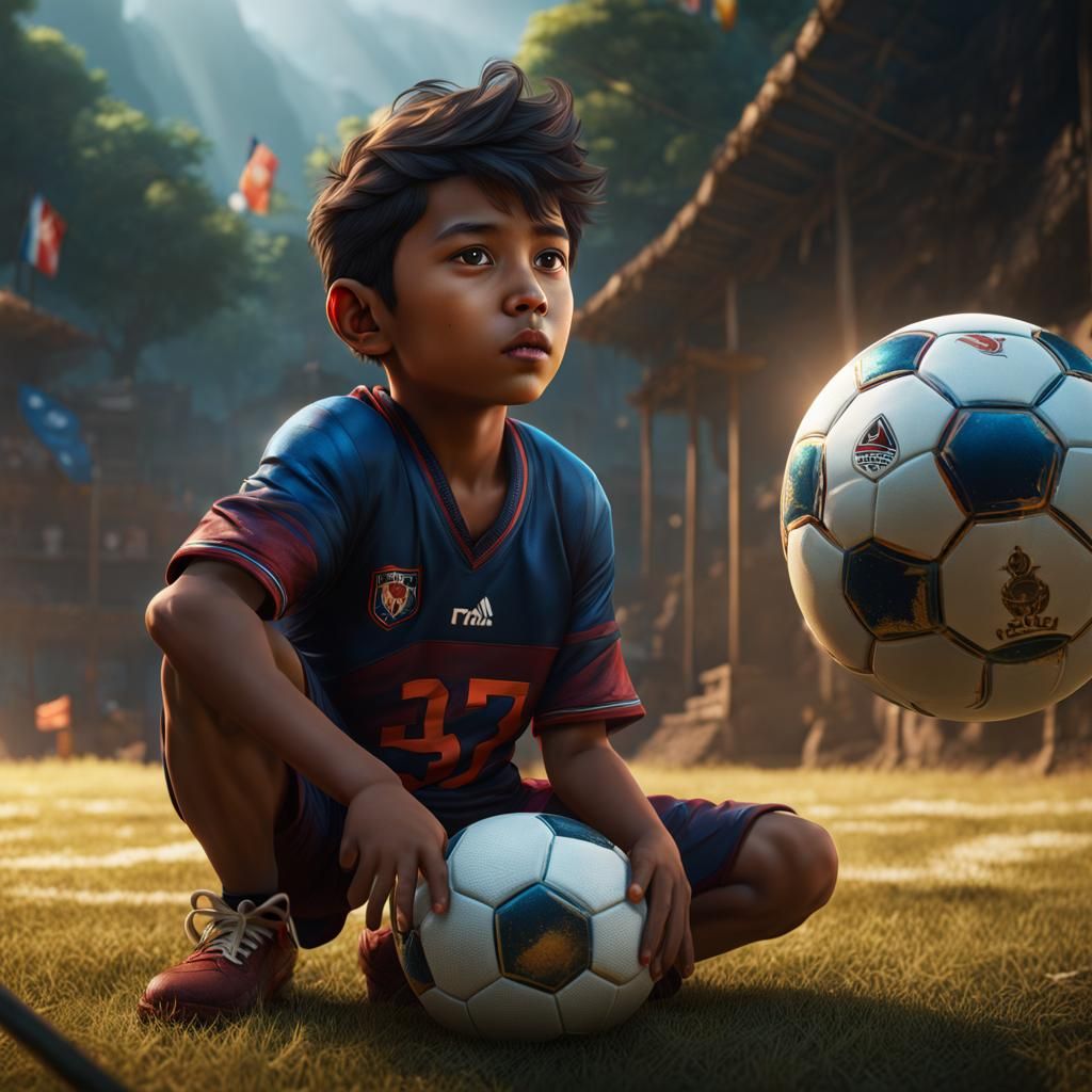 Nepali Boy Plays Football: Detailed Fantasy Concept Art