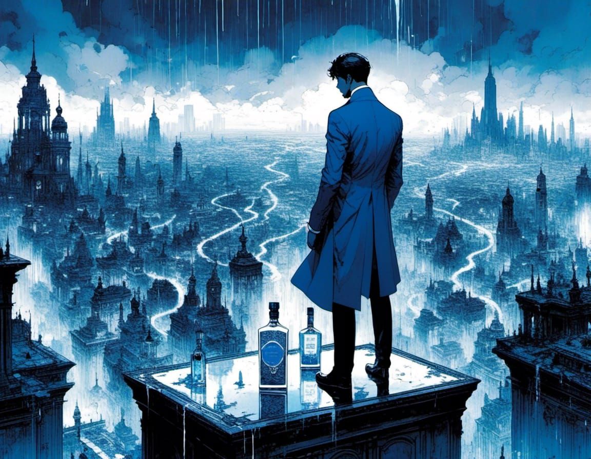 Blue and White Depressed Man in Cityscape