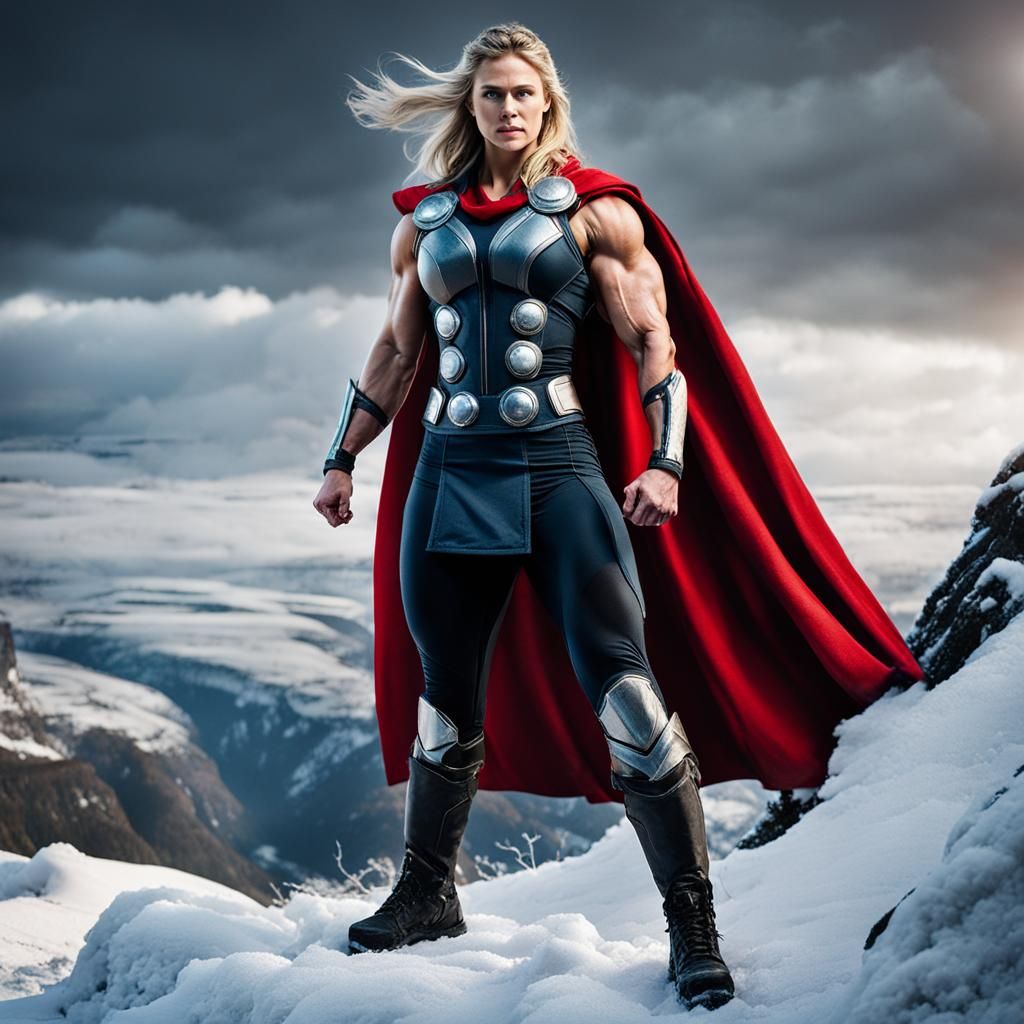 Female Thor as Muscular Bodybuilder on Snowy Cliff