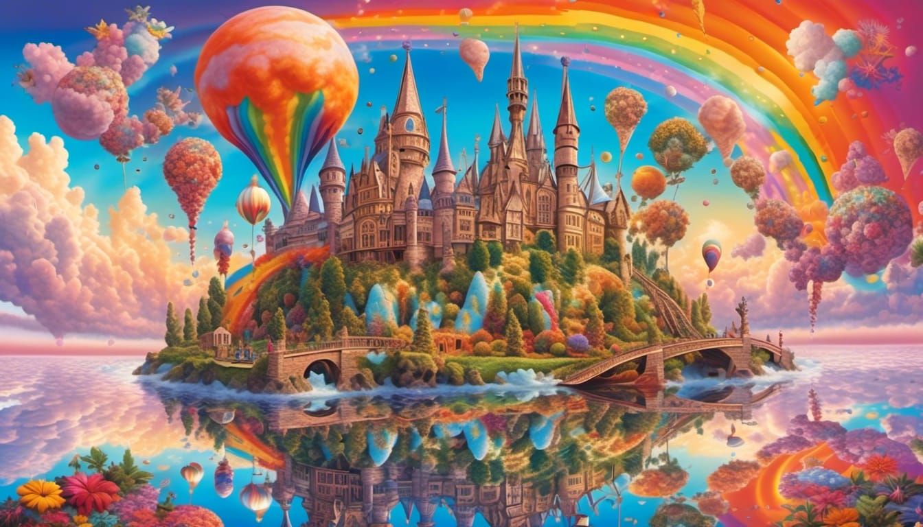 <lora:NC Hyperreal:1.0>Ice Cream castle floating over a river, a bridge with people walking, rainbow color clouds, tange...