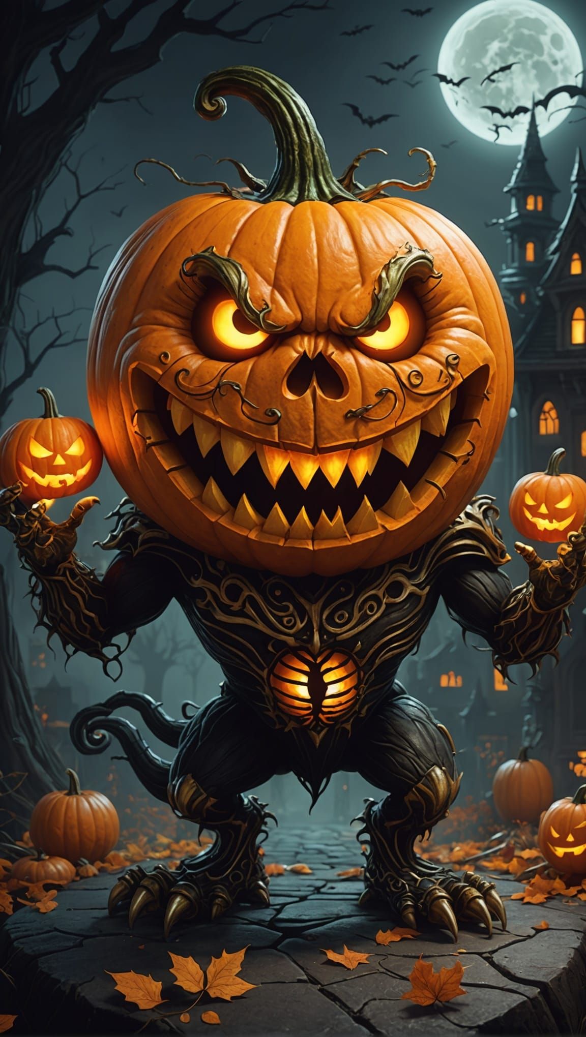 Cartoon Halloween Pumpkin Monster Caricature with Volumetric...