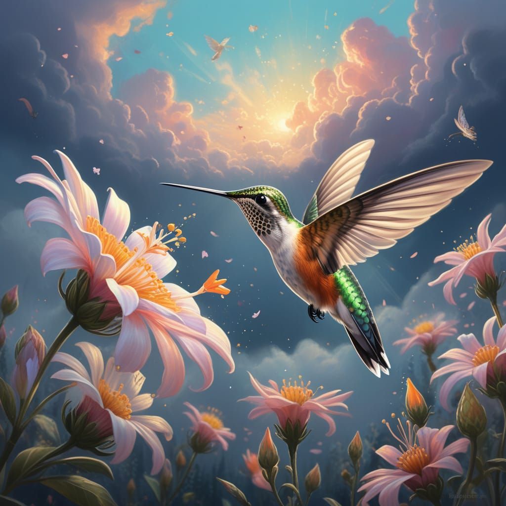 Hummingbird Sips Nectar from Giant Glowing Flower