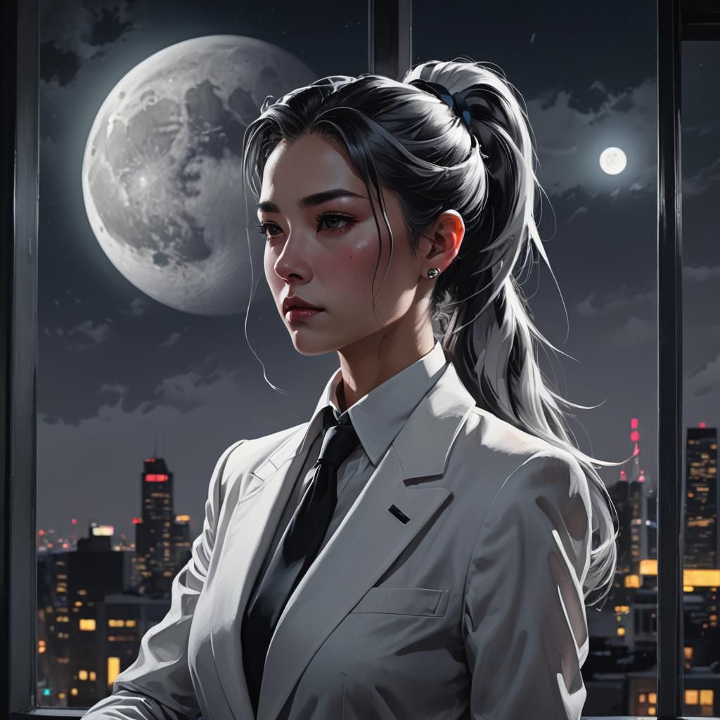 Businesswoman Gazing at Moon in Neon Noir Style