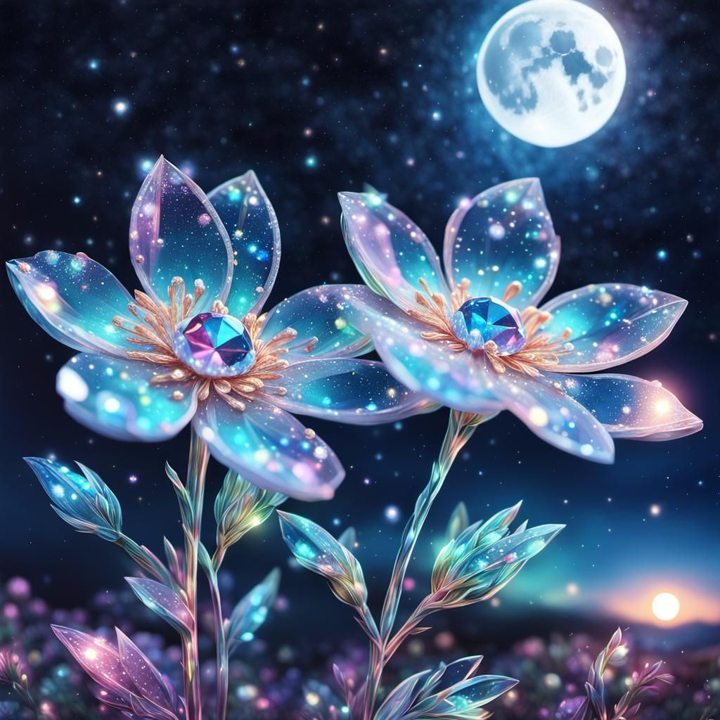 Iridescent Flowers Bejeweled with Crystals in Digital Art