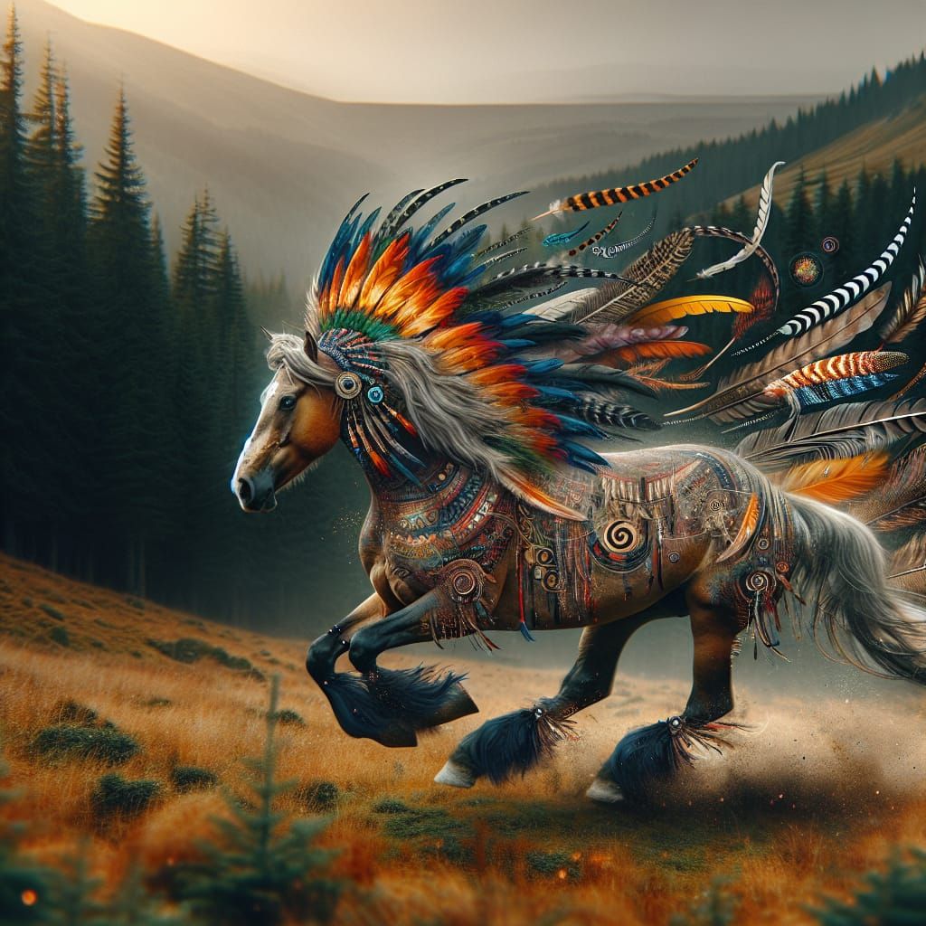 Feathered Mustang Horse in Wild, Tribal Scene