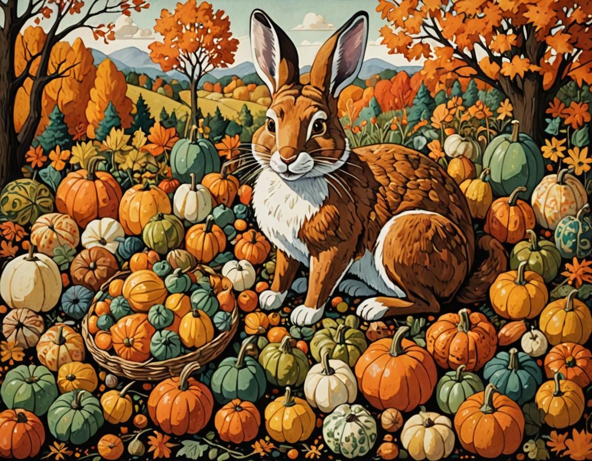 Whimsical Rabbit Feast: Folk Art Autumn Scene