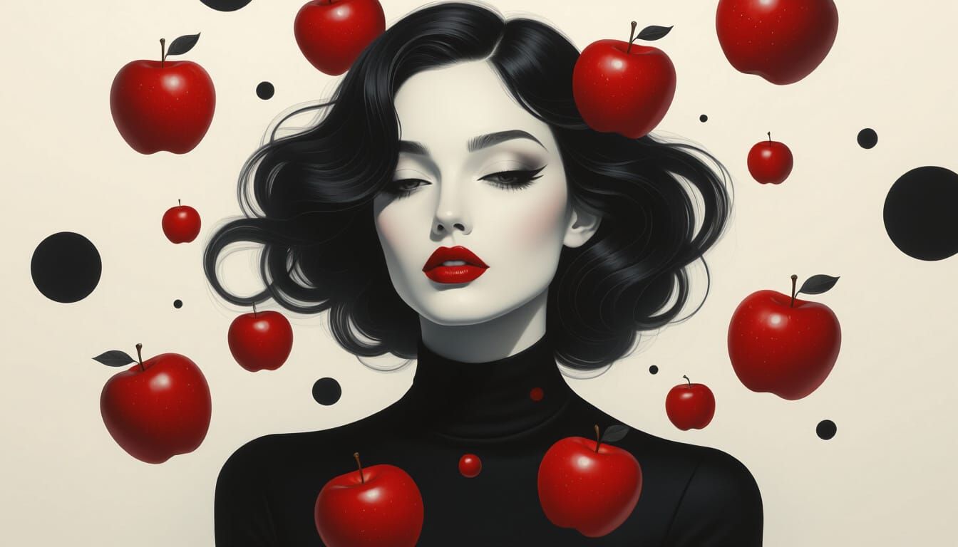 Sorceress Portrait with Apples in Surreal Style