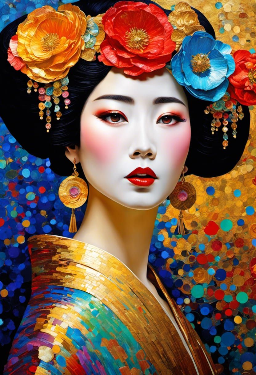Geisha with Poppy Crown in Neo-Impressionist Style