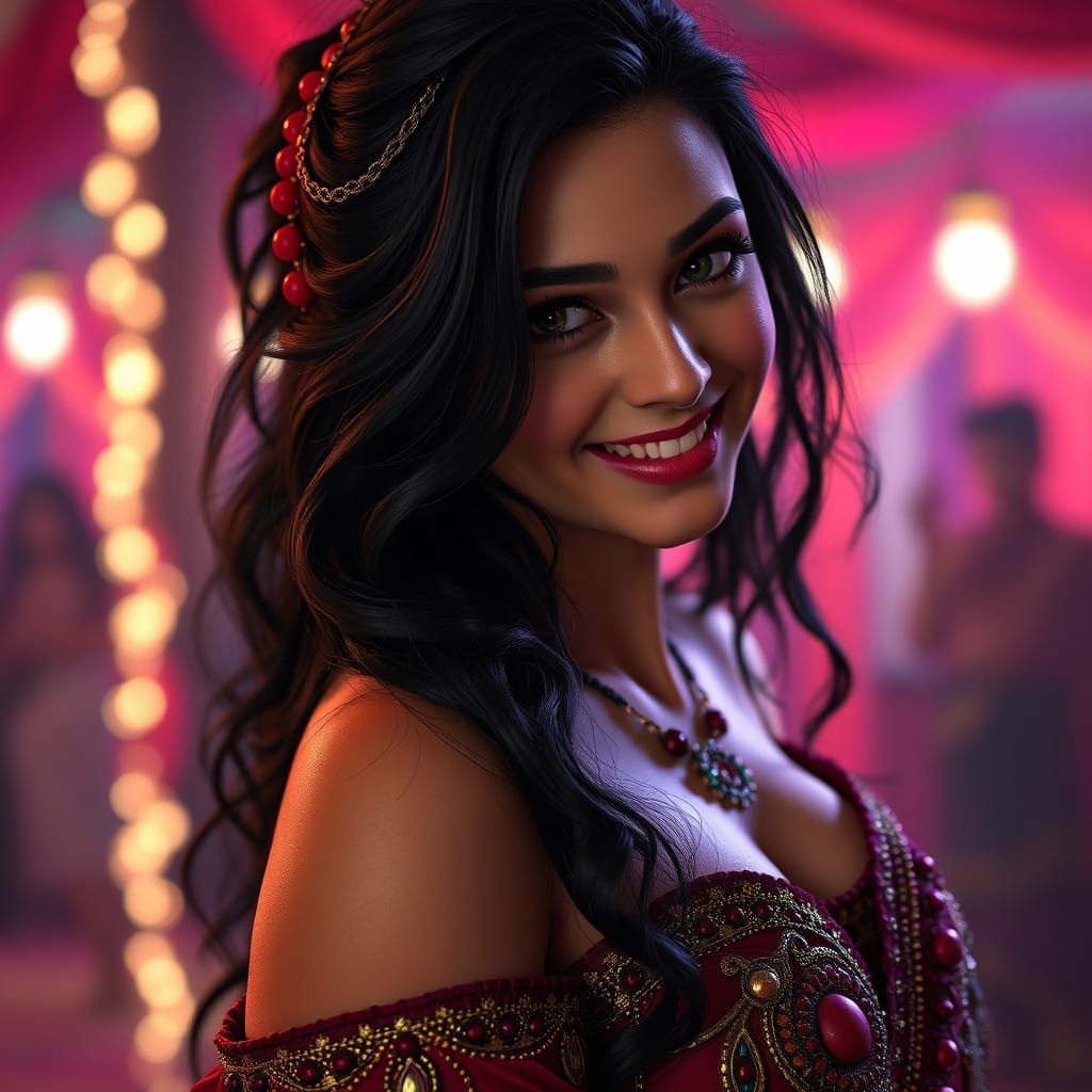 Spectacular Dark-Haired Belly Dancer in Hyperrealistic Fanta...