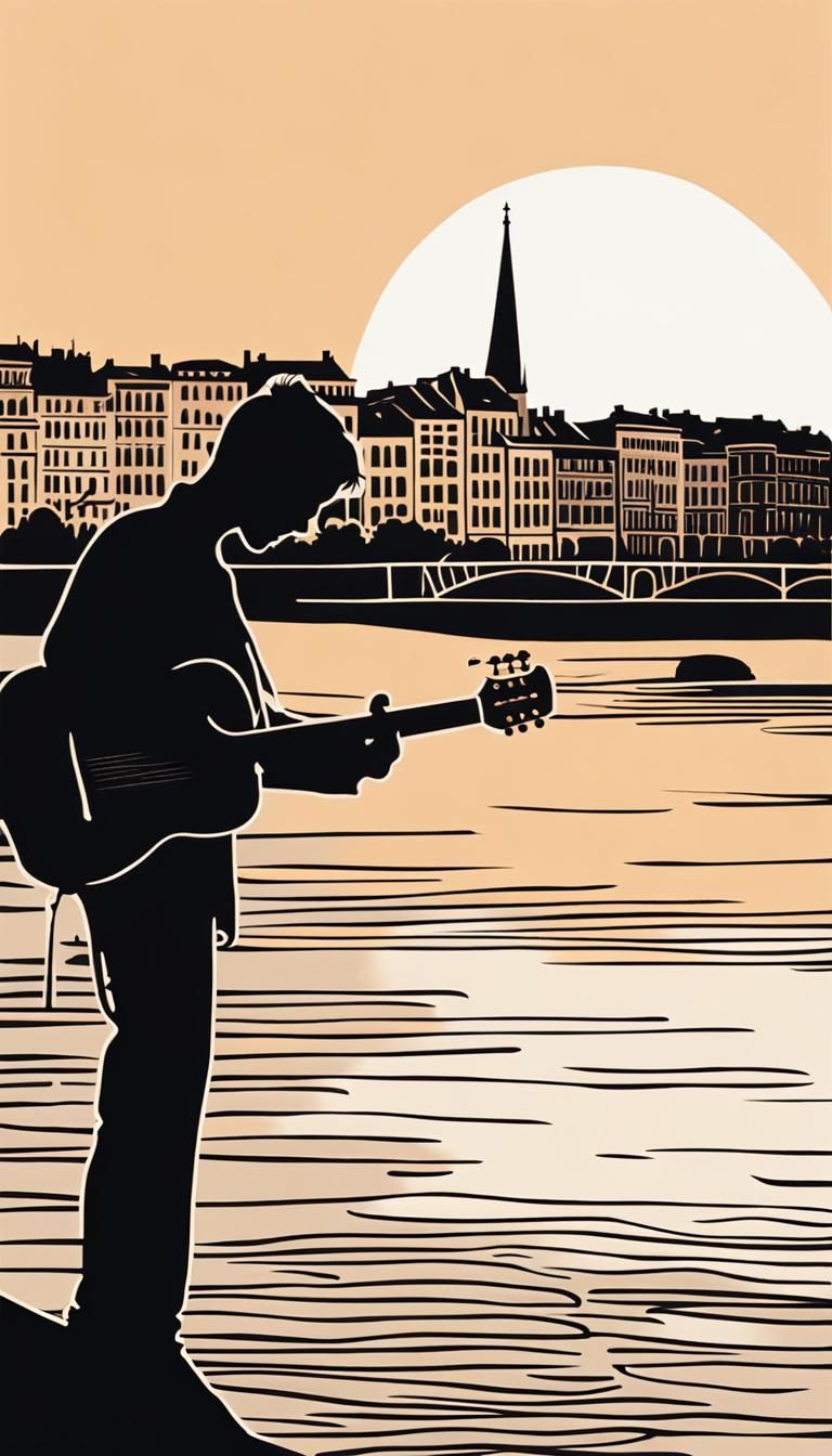French Guitarist Silhouette at Sunset: Minimalist Art