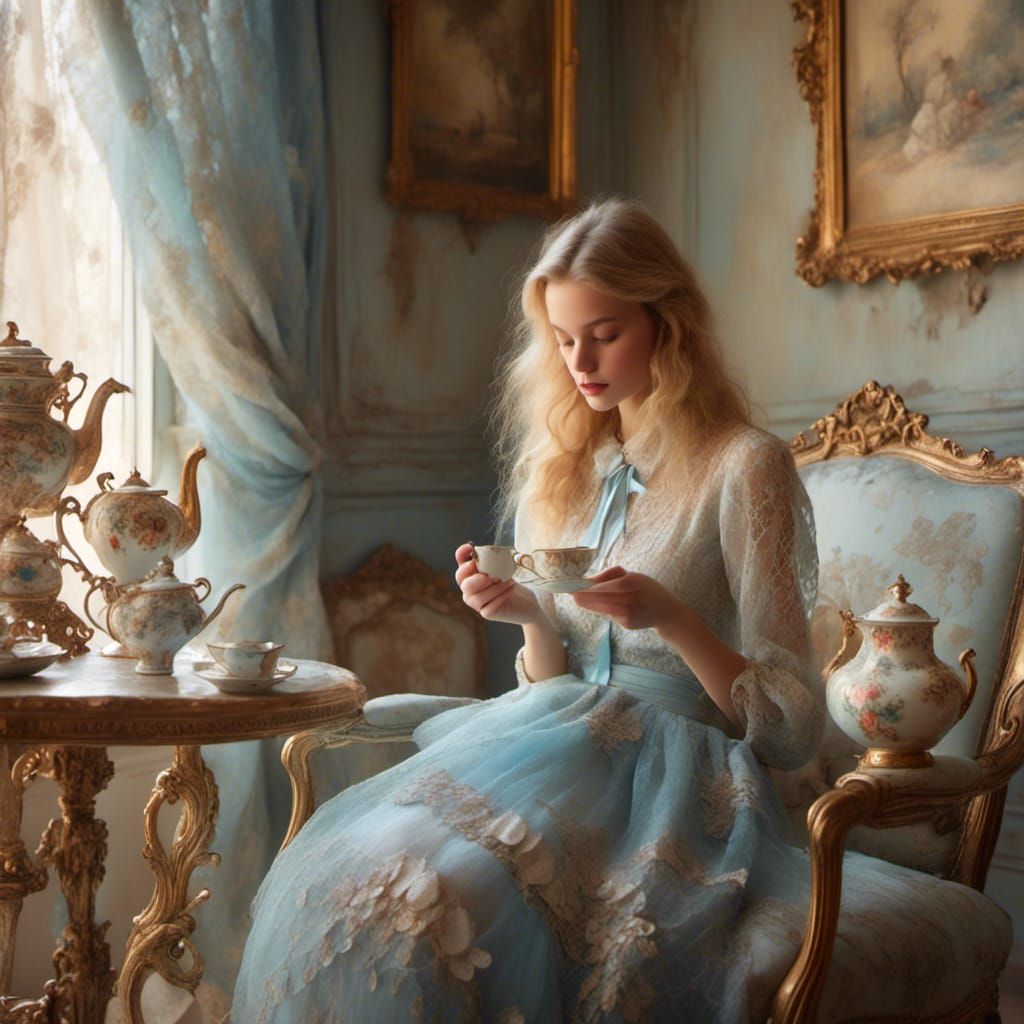 Impressionistic Portrait: Blonde Woman with Vintage Teapot