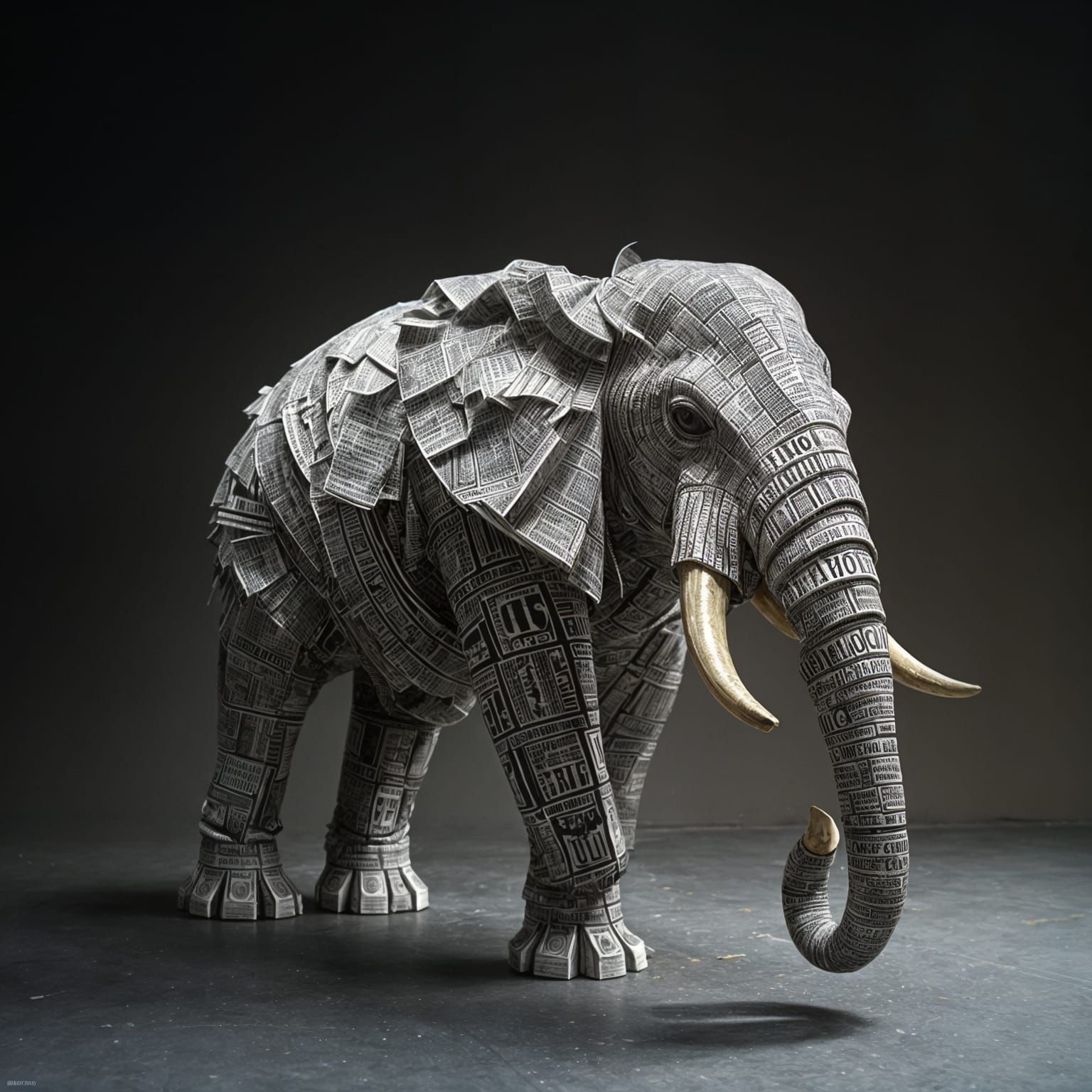 Hyperrealistic Newspaper Elephant Sculpture