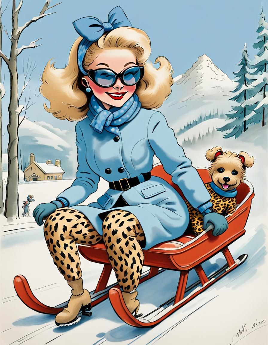 Parisian Fashionista Sledding in St. Moritz Cartoon