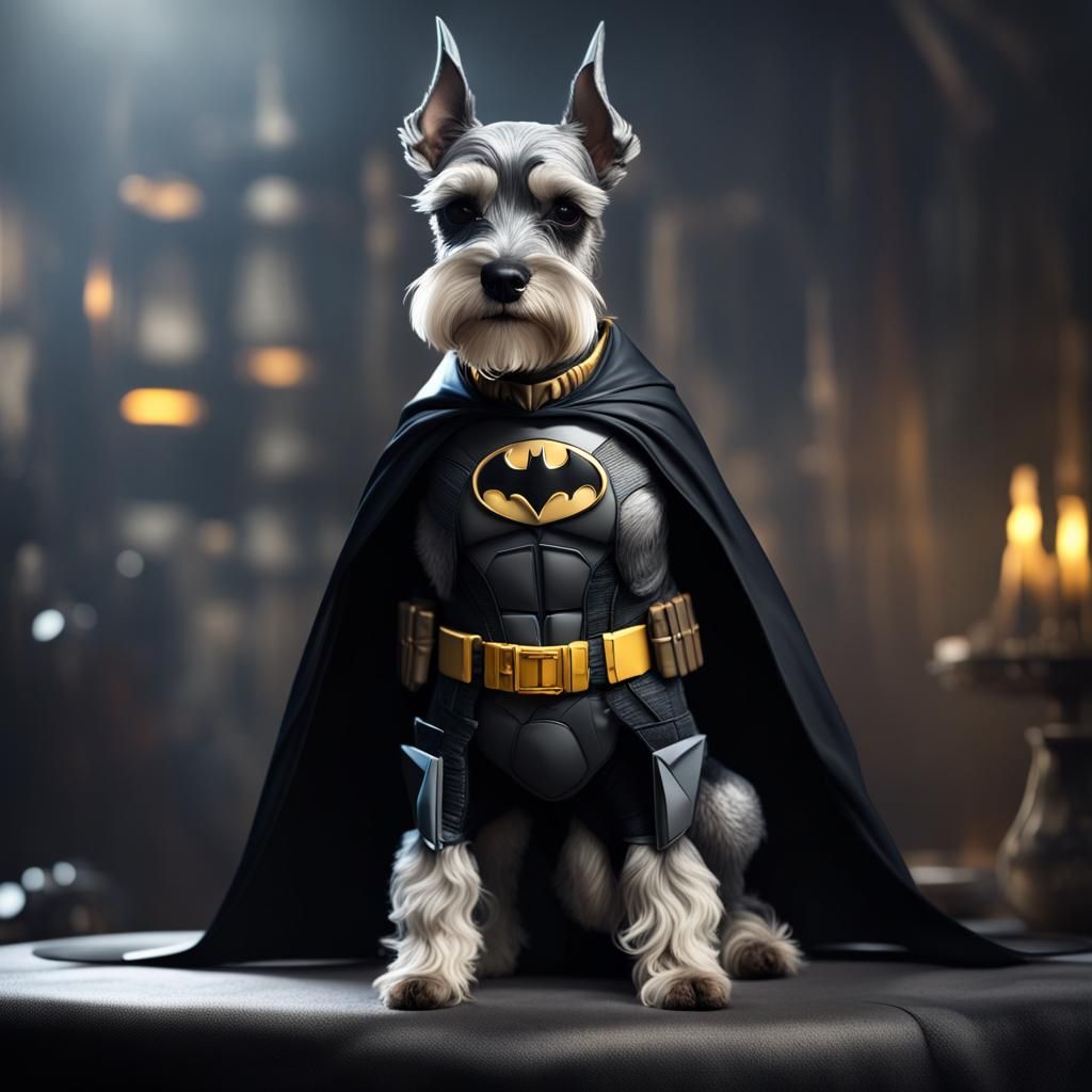 Miniature Schnauzers as Batman: Hyperrealistic Digital Art