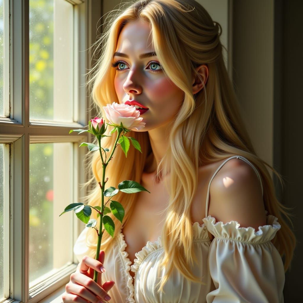 Maiden with Rose by Sunlit Window in Impressionist Style