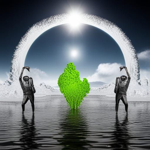 Crying People Under Icy Sun in Green Moonlight