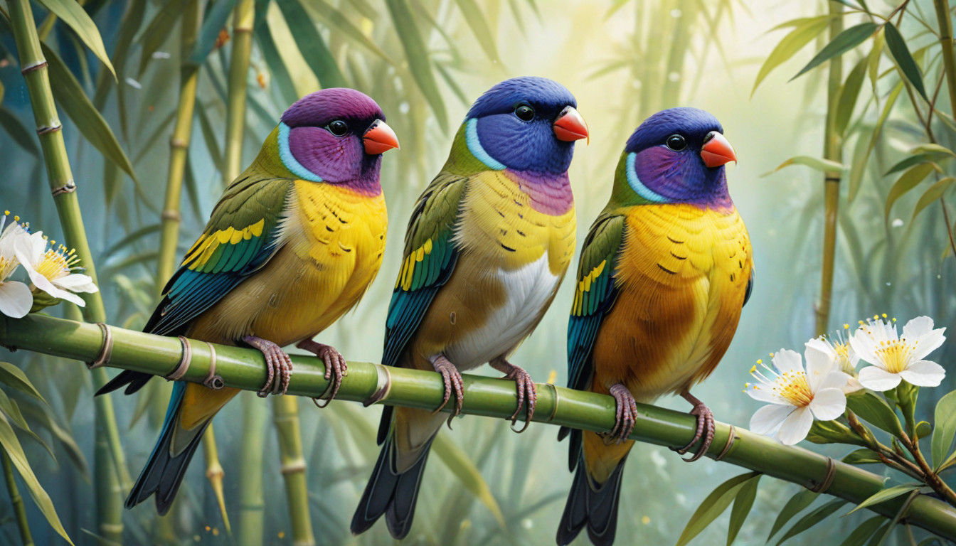Vibrant Watercolor Portrait of Two Gouldian Finches in Bloom