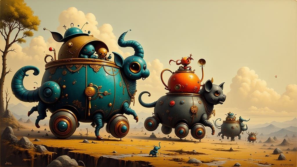 Vibrant Animals Race Downhill in Fantastical Landscape