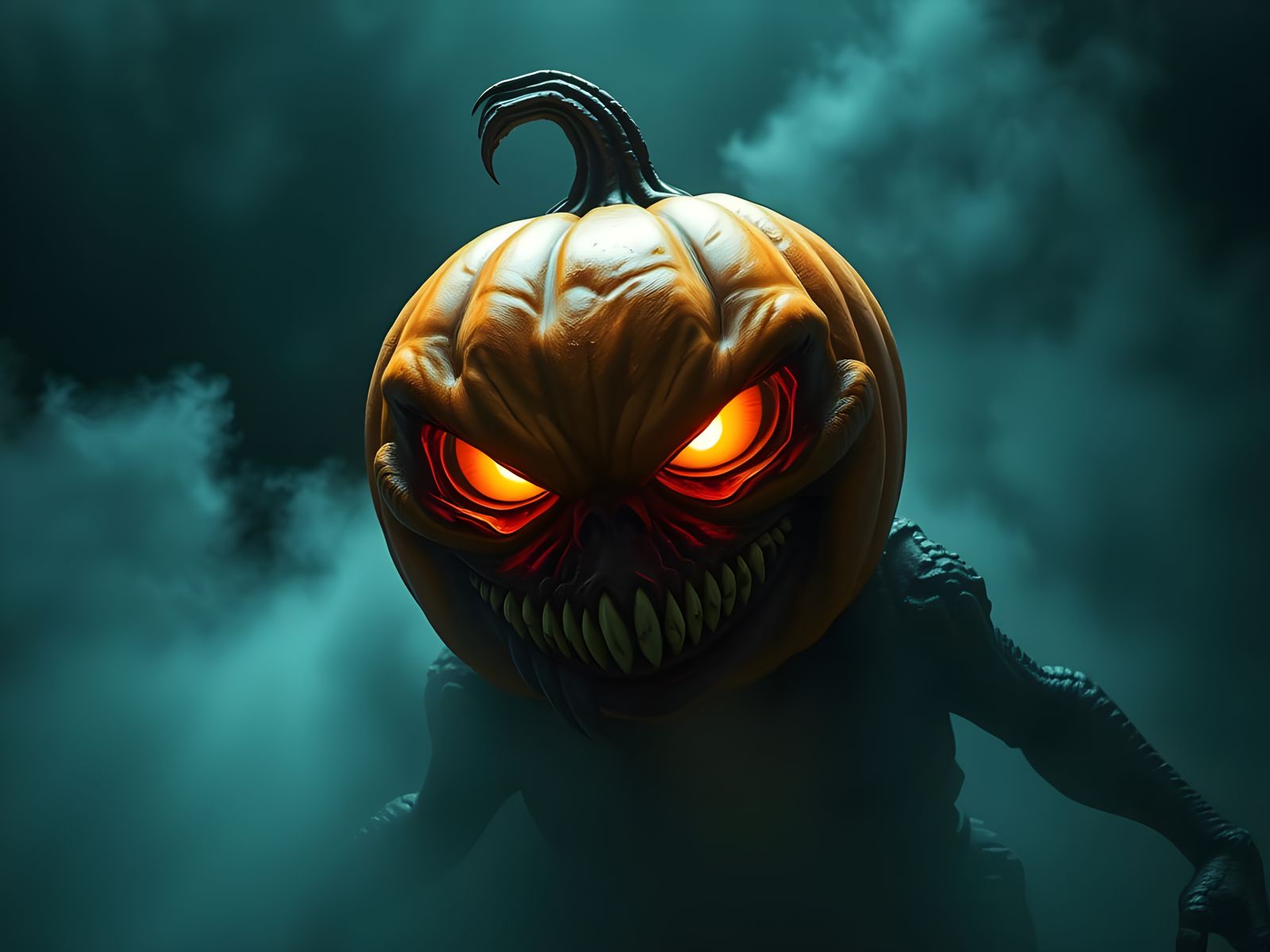 Creepy Pumpkin Head Monster Smiling in Fog
