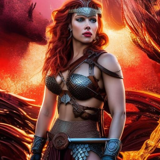 Hyperrealistic Red Sonja Portrait: Digital Illustration in 8...