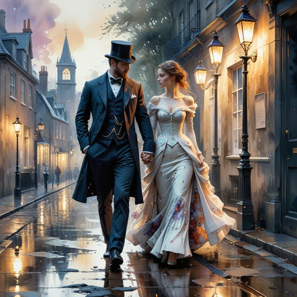 Victorian Couple Strolling in a Watercolour Painting