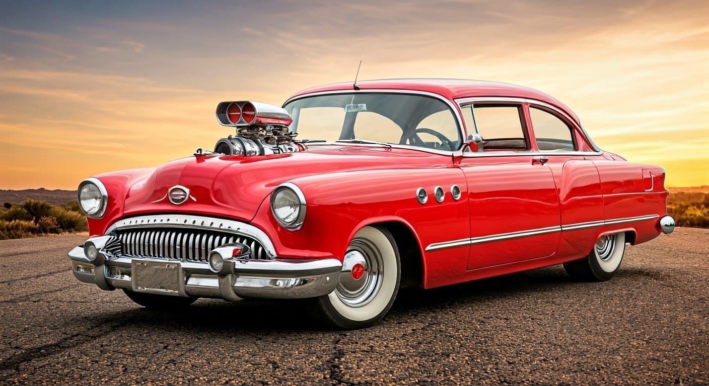 Cherry-Red 1951 Buick with Turbocharger, Photorealistic Styl...