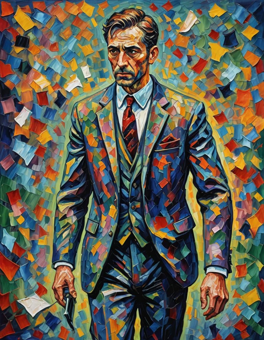 Expressionist Man Distributes Losses in Oil Painting