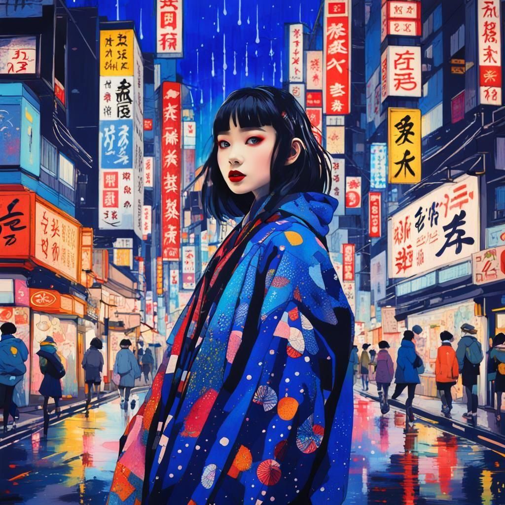 Harajuku Girl in Vibrant Tokyo: Ukiyo-e Style