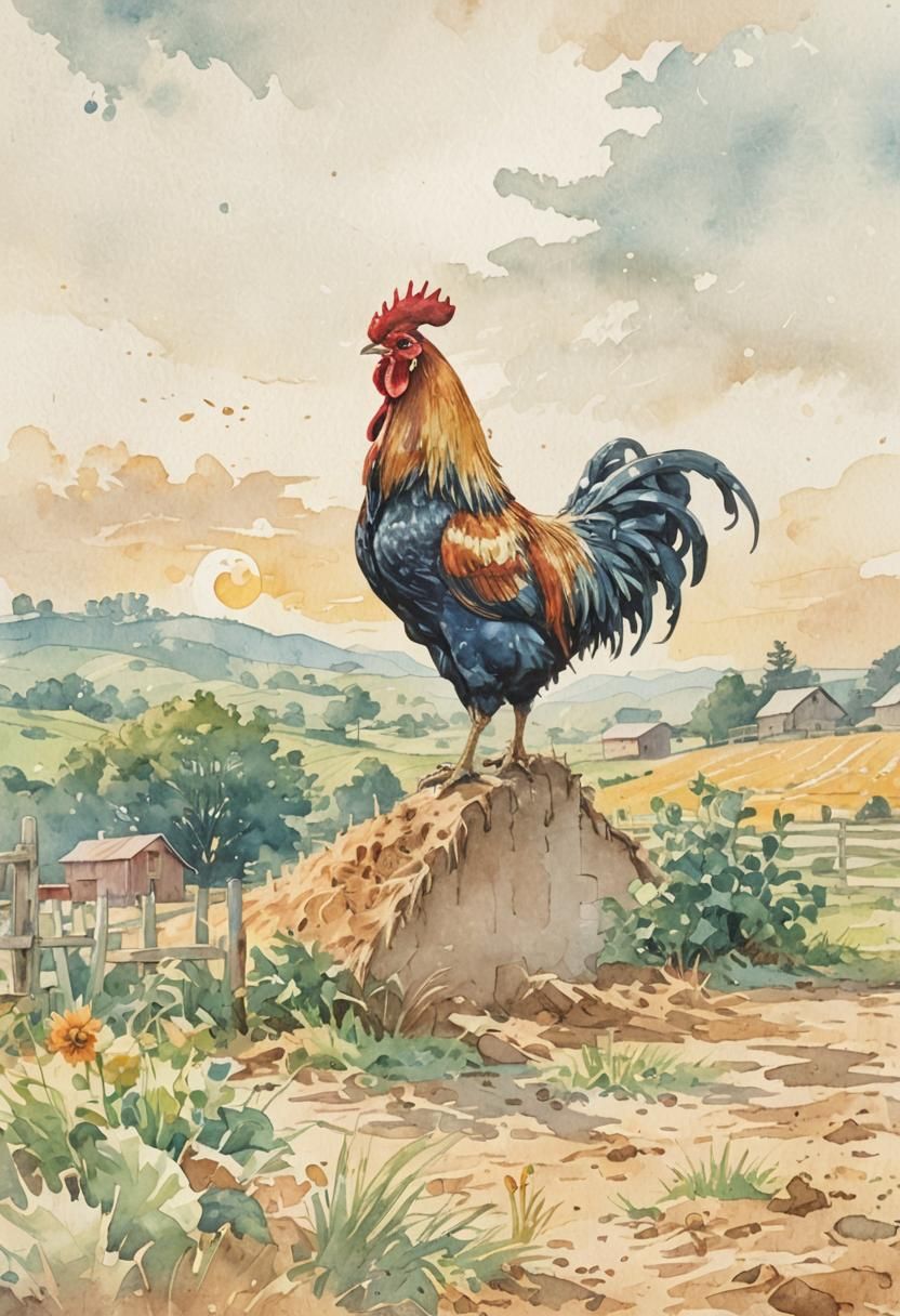 Proud Rooster in Watercolor Comic Book Art