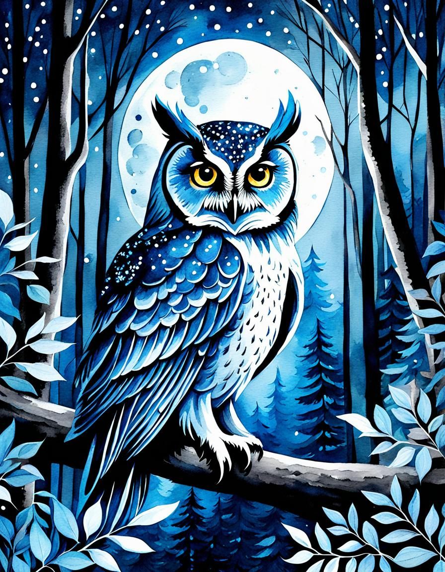 Watercolor Owl in Moonlit Forest