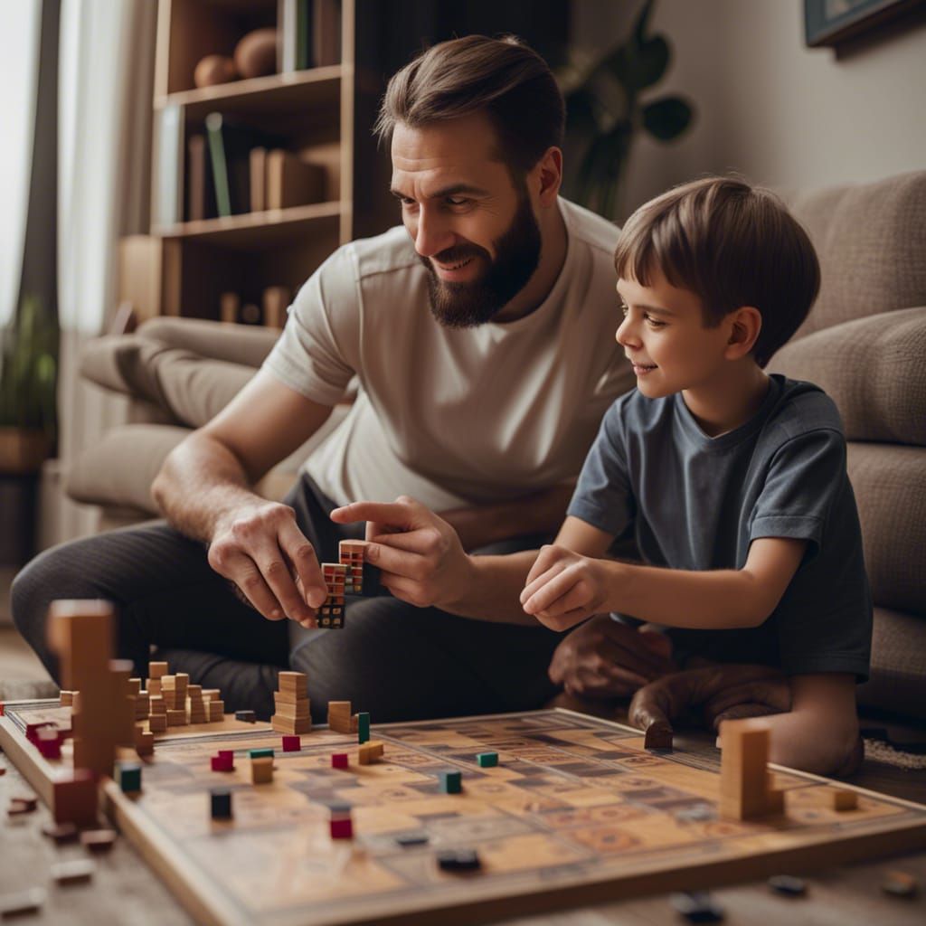 Father and Son Enjoying a Board Game