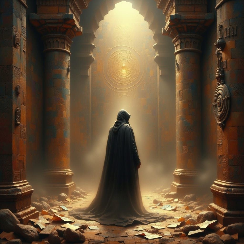 Esoteric Figure in Ancient Temple with Golden Light