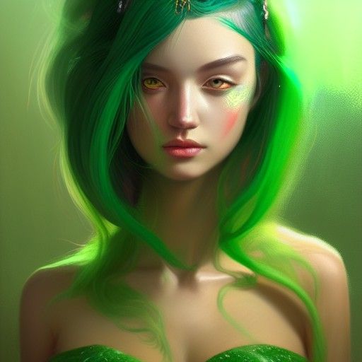 Green-Haired Princess Portrait in Volumetric Lighting
