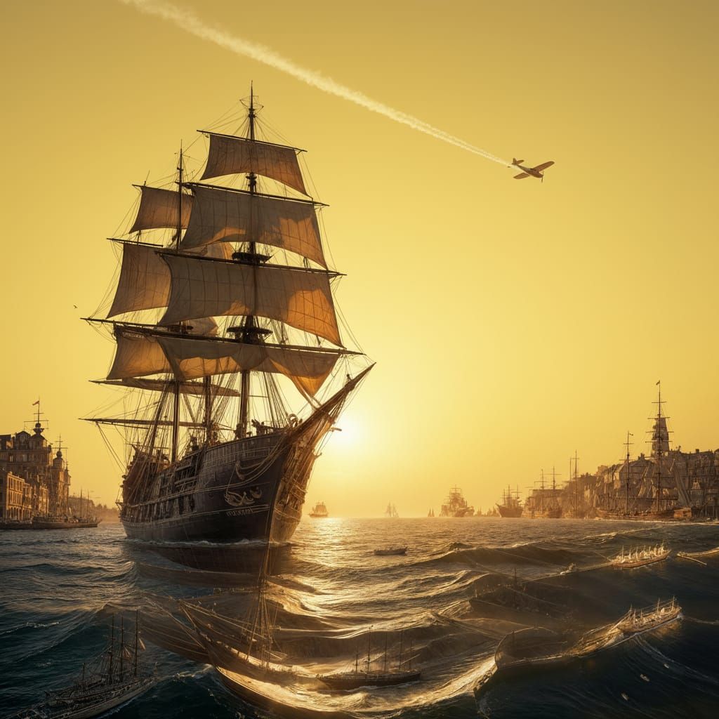 Galleon at Sunset in Historic Port City