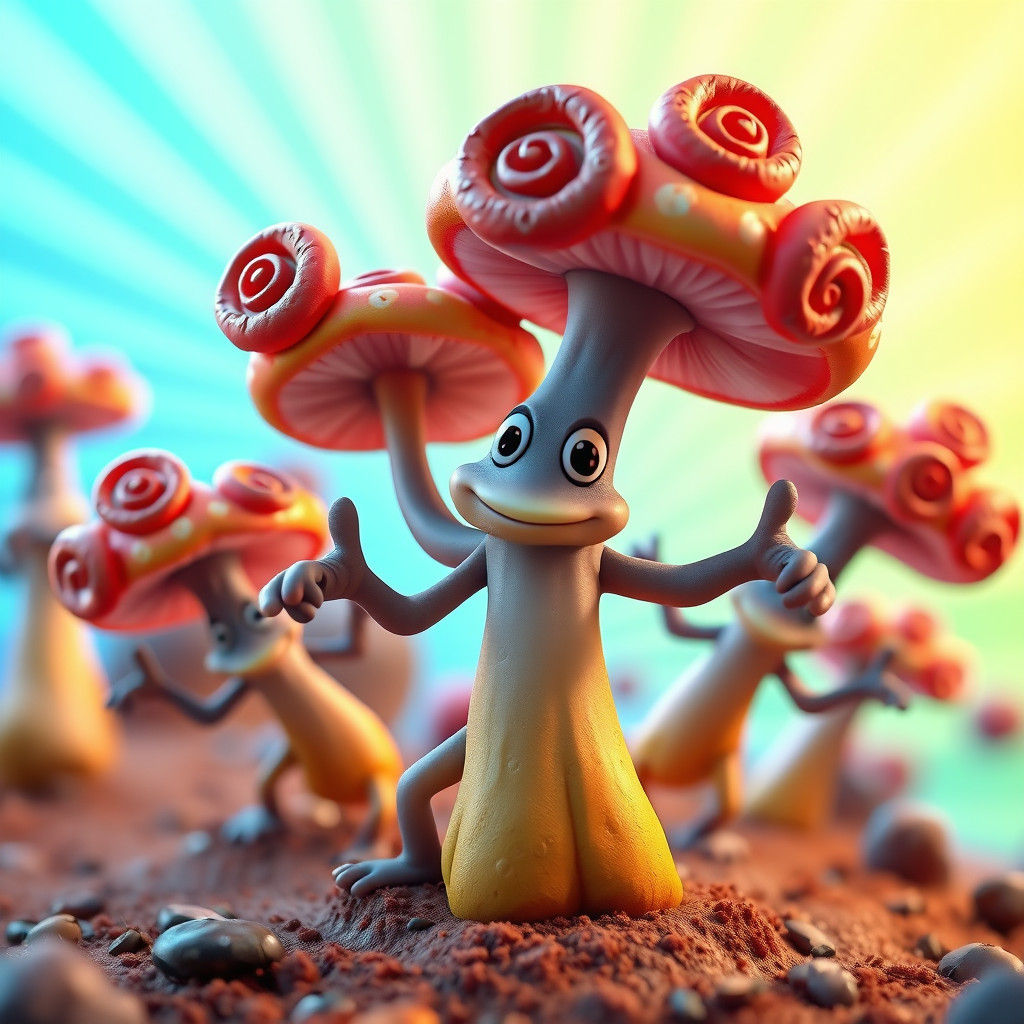 Heroic Anthropomorphic Mushroom in 3D Animation Style