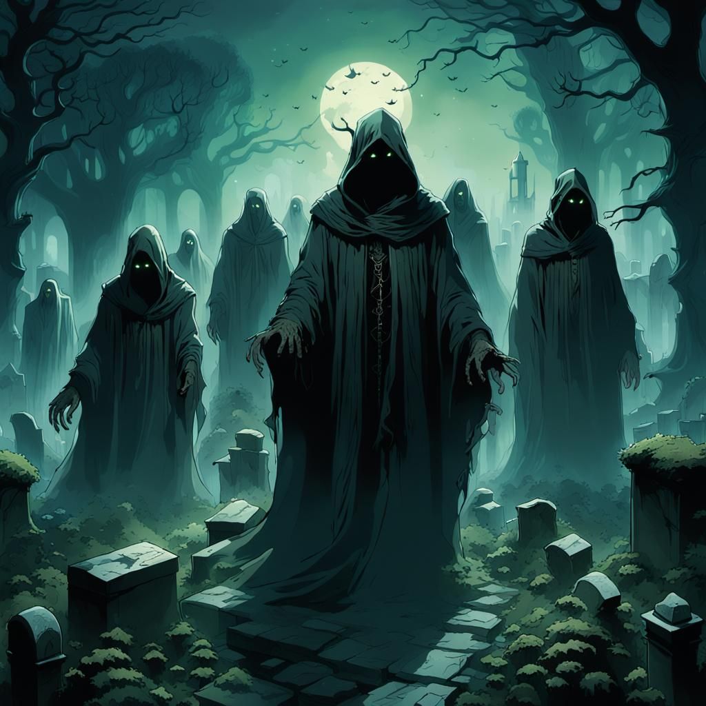 Ethereal Ghosts Hunt Graveyard in Dark Fantasy Art